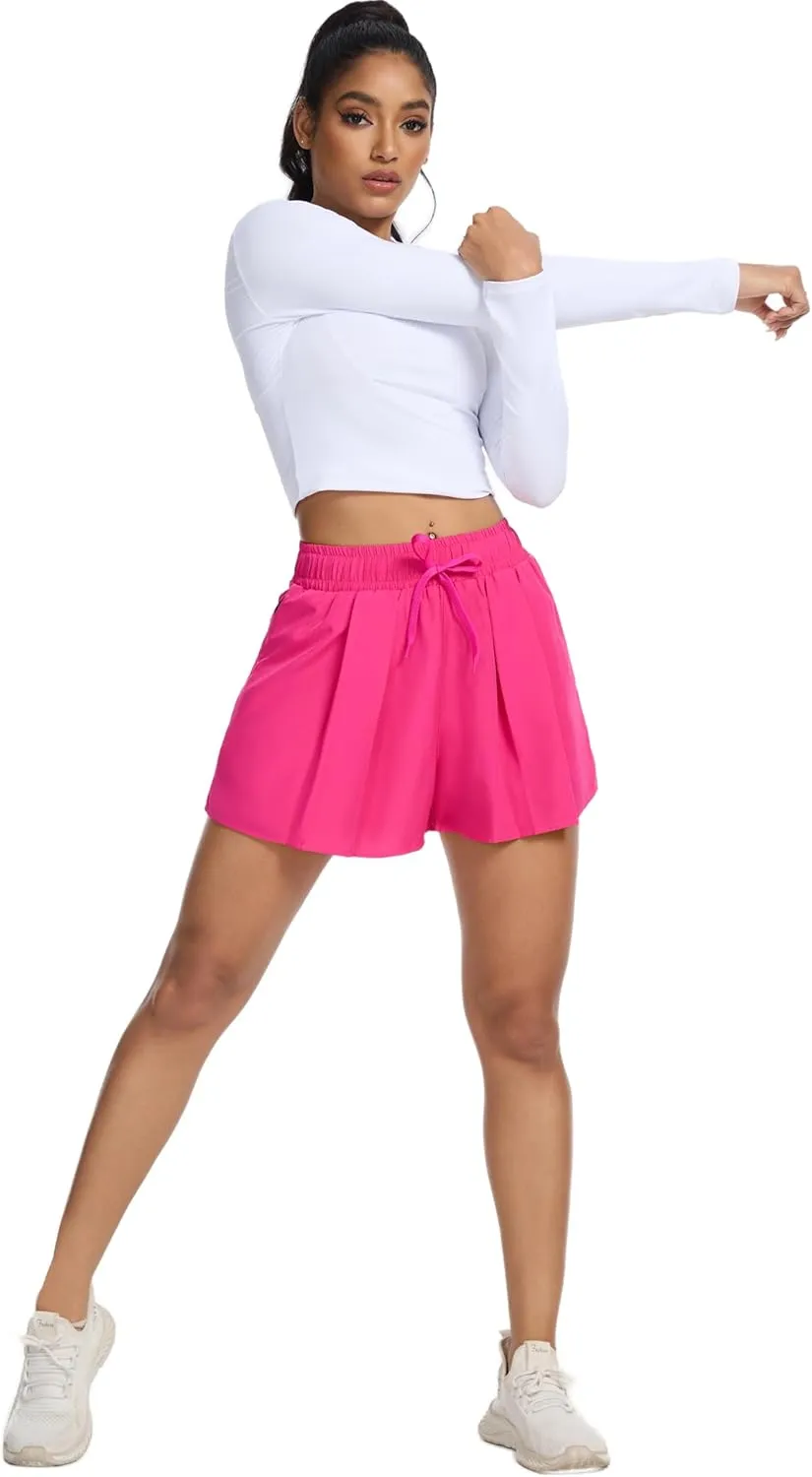 SILKWORLD Running Shorts for Women 2 in 1 Flowy Athletic Shorts Casual Workout Butterfly Gym Shorts with Zipper Pockets