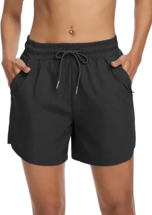 SILKWORLD Women's 5'' Swim Board Shorts 2 in 1 High Waisted Quick Dry Summer Swimming Swimsuit Bottoms with Zipper Pocket