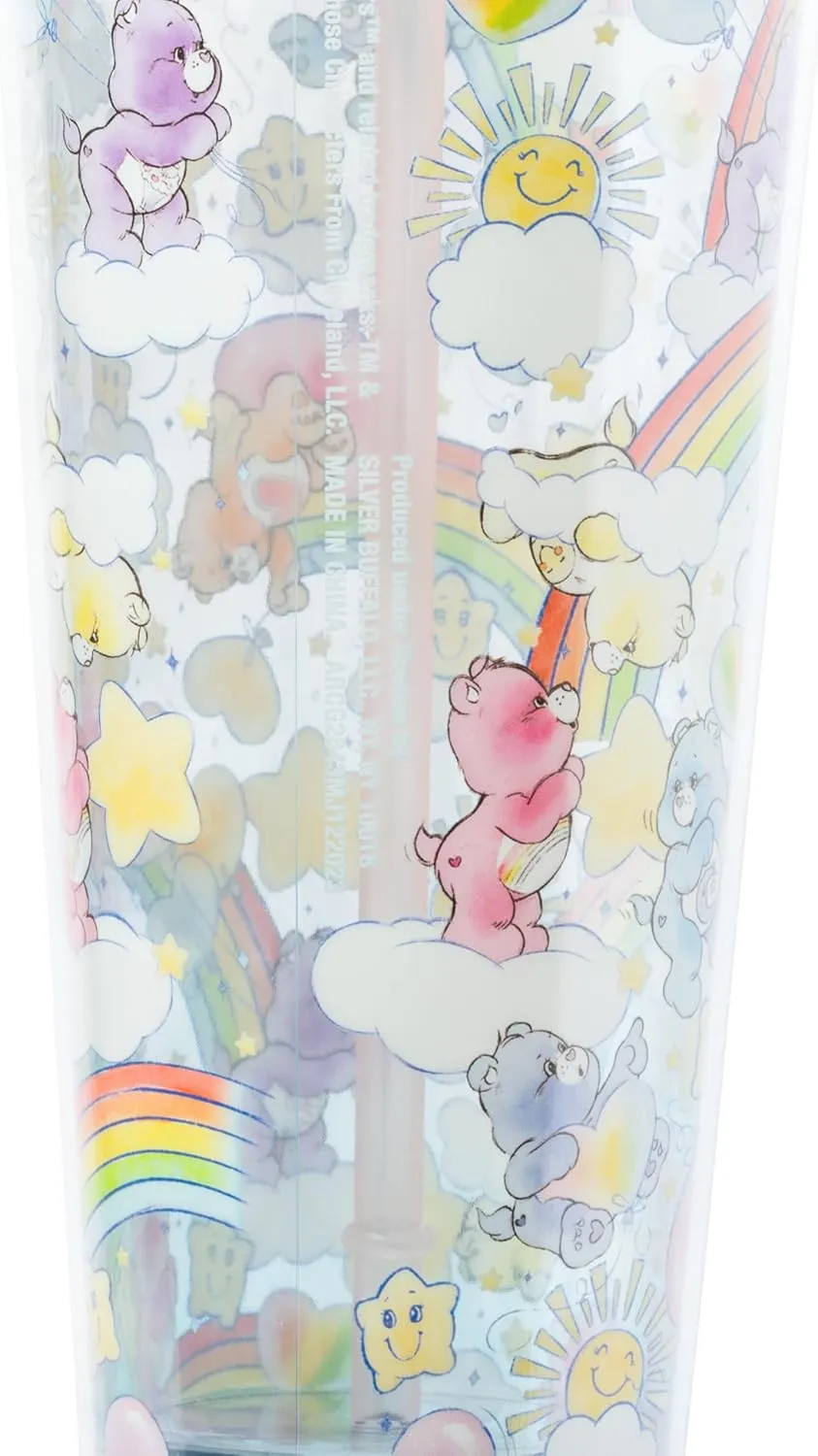 Silver Buffalo Care Bears Rainbow Hearts Stars Featuring Cheer Bear, Bedtime Bear, Funshine Bear, and Share Bear Watercolor Plastic Cold Cup with Lid and Straw Topper, 24 Ounces