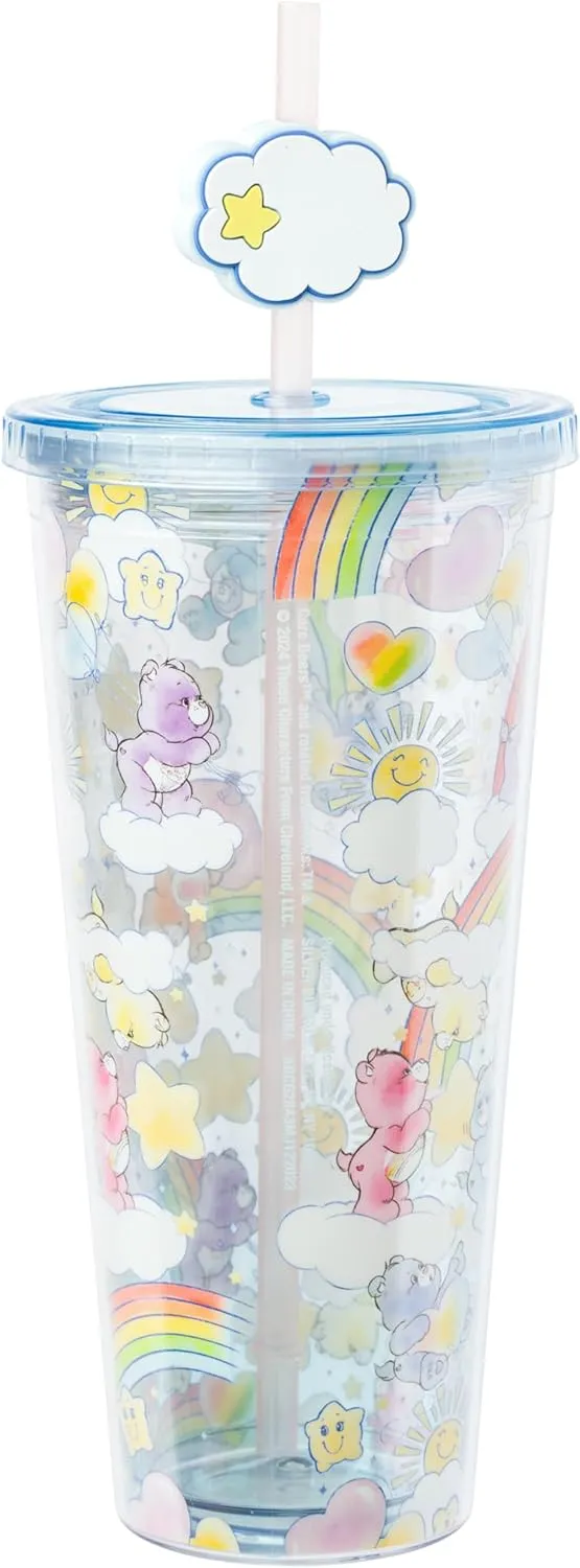 Silver Buffalo Care Bears Rainbow Hearts Stars Featuring Cheer Bear, Bedtime Bear, Funshine Bear, and Share Bear Watercolor Plastic Cold Cup with Lid and Straw Topper, 24 Ounces