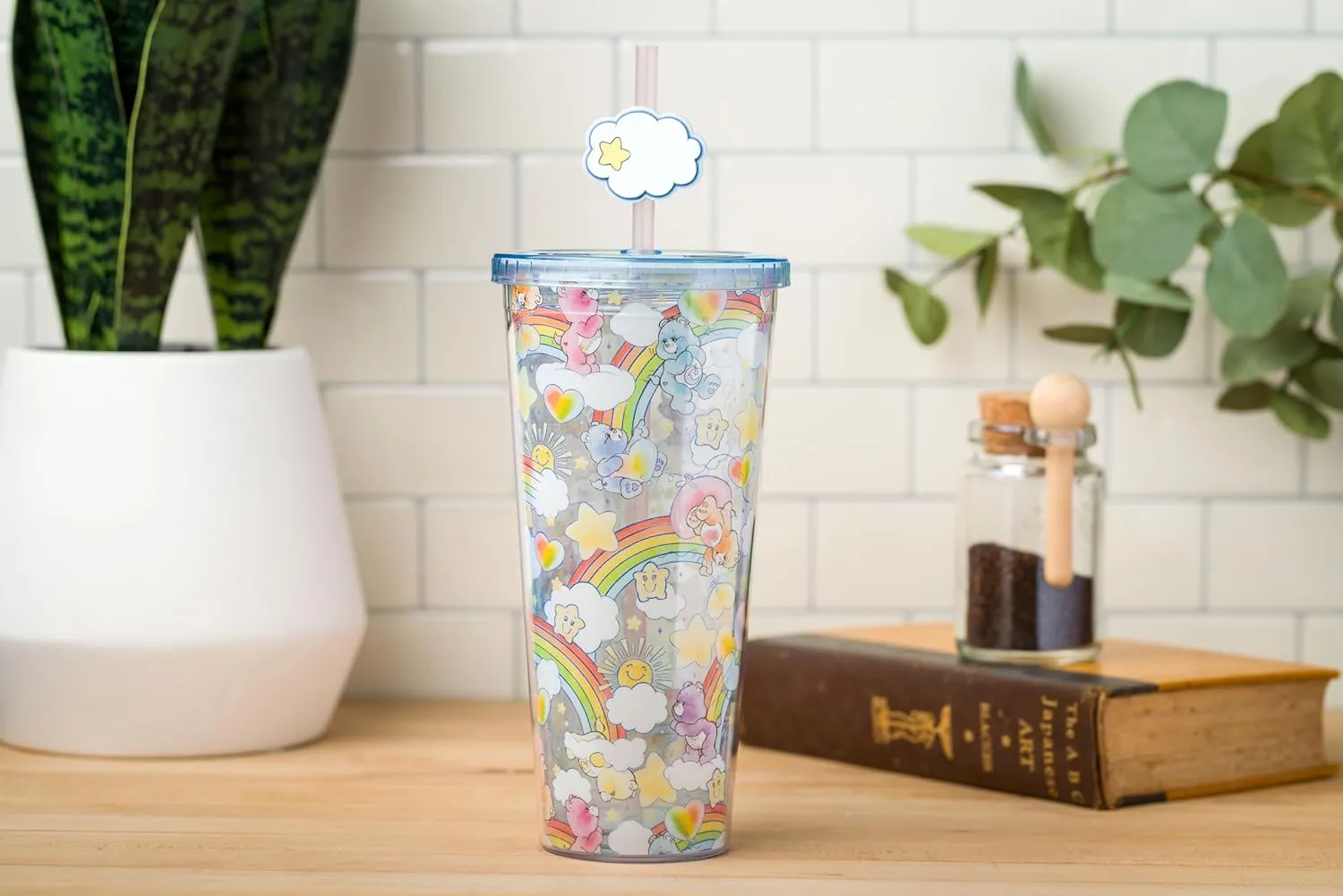 Silver Buffalo Care Bears Rainbow Hearts Stars Featuring Cheer Bear, Bedtime Bear, Funshine Bear, and Share Bear Watercolor Plastic Cold Cup with Lid and Straw Topper, 24 Ounces
