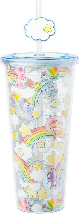 Silver Buffalo Care Bears Rainbow Hearts Stars Featuring Cheer Bear, Bedtime Bear, Funshine Bear, and Share Bear Watercolor Plastic Cold Cup with Lid and Straw Topper, 24 Ounces