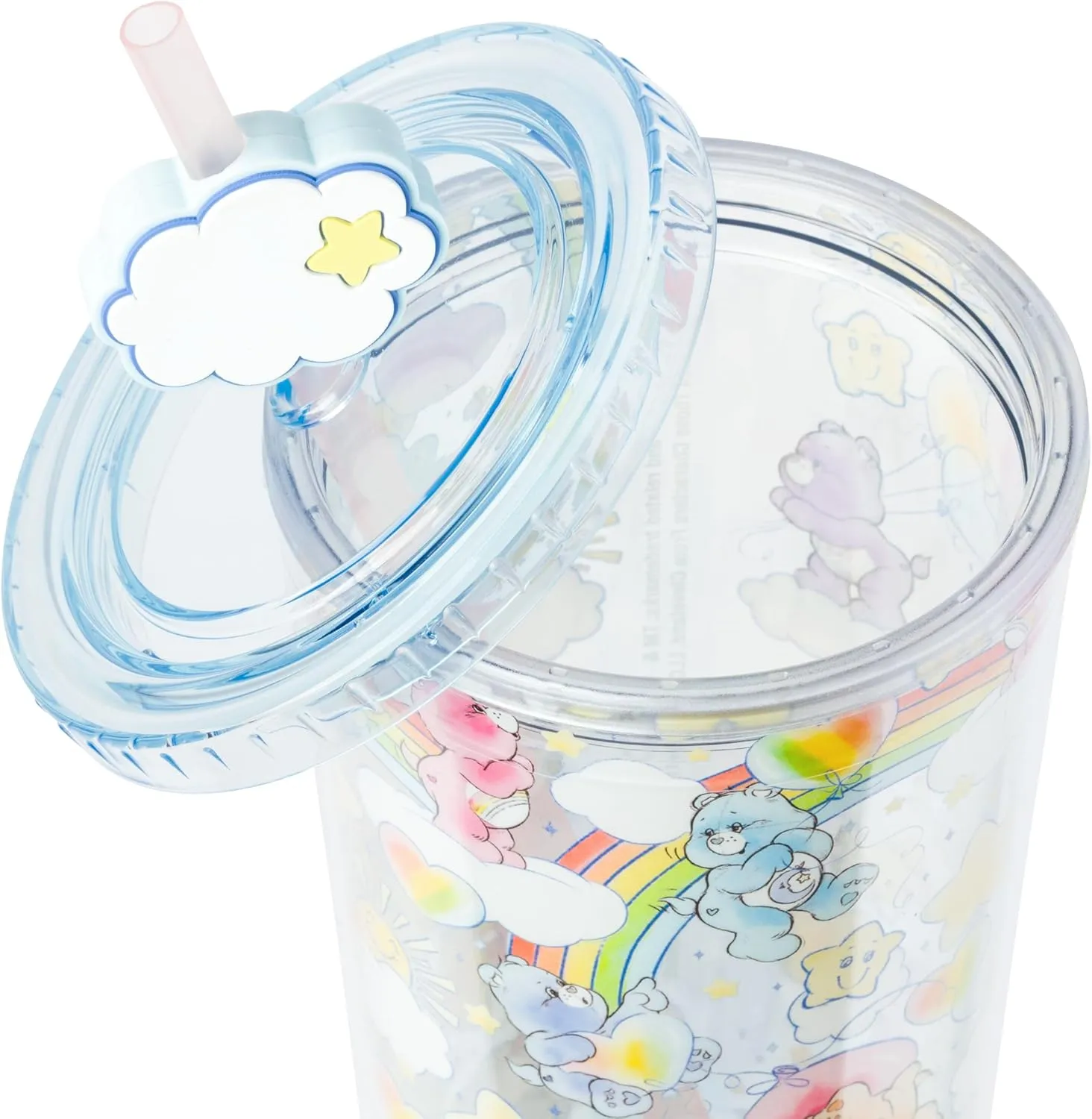 Silver Buffalo Care Bears Rainbow Hearts Stars Featuring Cheer Bear, Bedtime Bear, Funshine Bear, and Share Bear Watercolor Plastic Cold Cup with Lid and Straw Topper, 24 Ounces