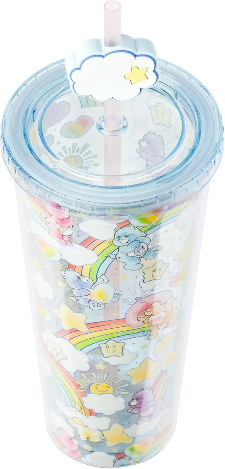 Silver Buffalo Care Bears Rainbow Hearts Stars Featuring Cheer Bear, Bedtime Bear, Funshine Bear, and Share Bear Watercolor Plastic Cold Cup with Lid and Straw Topper, 24 Ounces