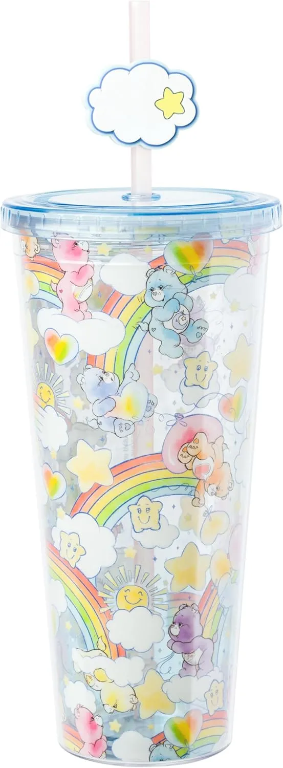 Silver Buffalo Care Bears Rainbow Hearts Stars Featuring Cheer Bear, Bedtime Bear, Funshine Bear, and Share Bear Watercolor Plastic Cold Cup with Lid and Straw Topper, 24 Ounces