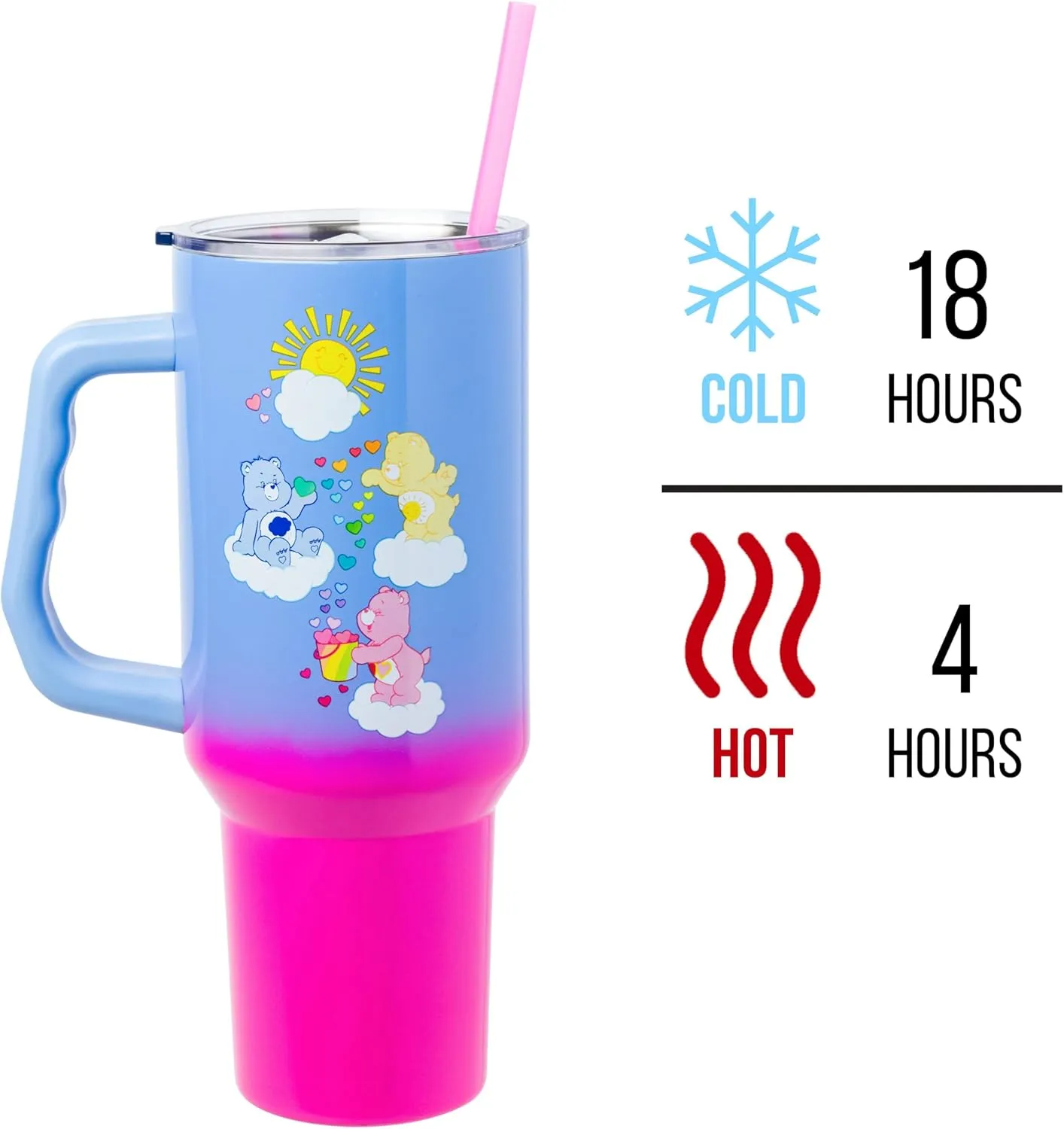 Silver Buffalo Care Bears Tumbler - Grumpy, Funshine & Love-A-Lot Bears Heart Showers Ombre Stainless Steel with Handle & Straw, 40 Ounces