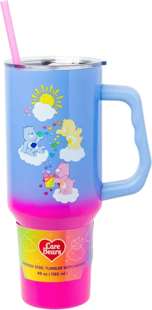 Silver Buffalo Care Bears Tumbler - Grumpy, Funshine & Love-A-Lot Bears Heart Showers Ombre Stainless Steel with Handle & Straw, 40 Ounces