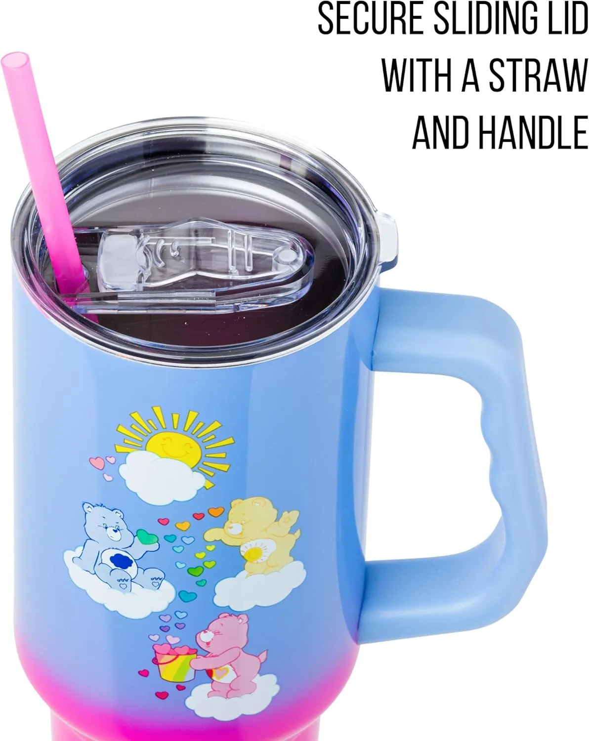 Silver Buffalo Care Bears Tumbler - Grumpy, Funshine & Love-A-Lot Bears Heart Showers Ombre Stainless Steel with Handle & Straw, 40 Ounces