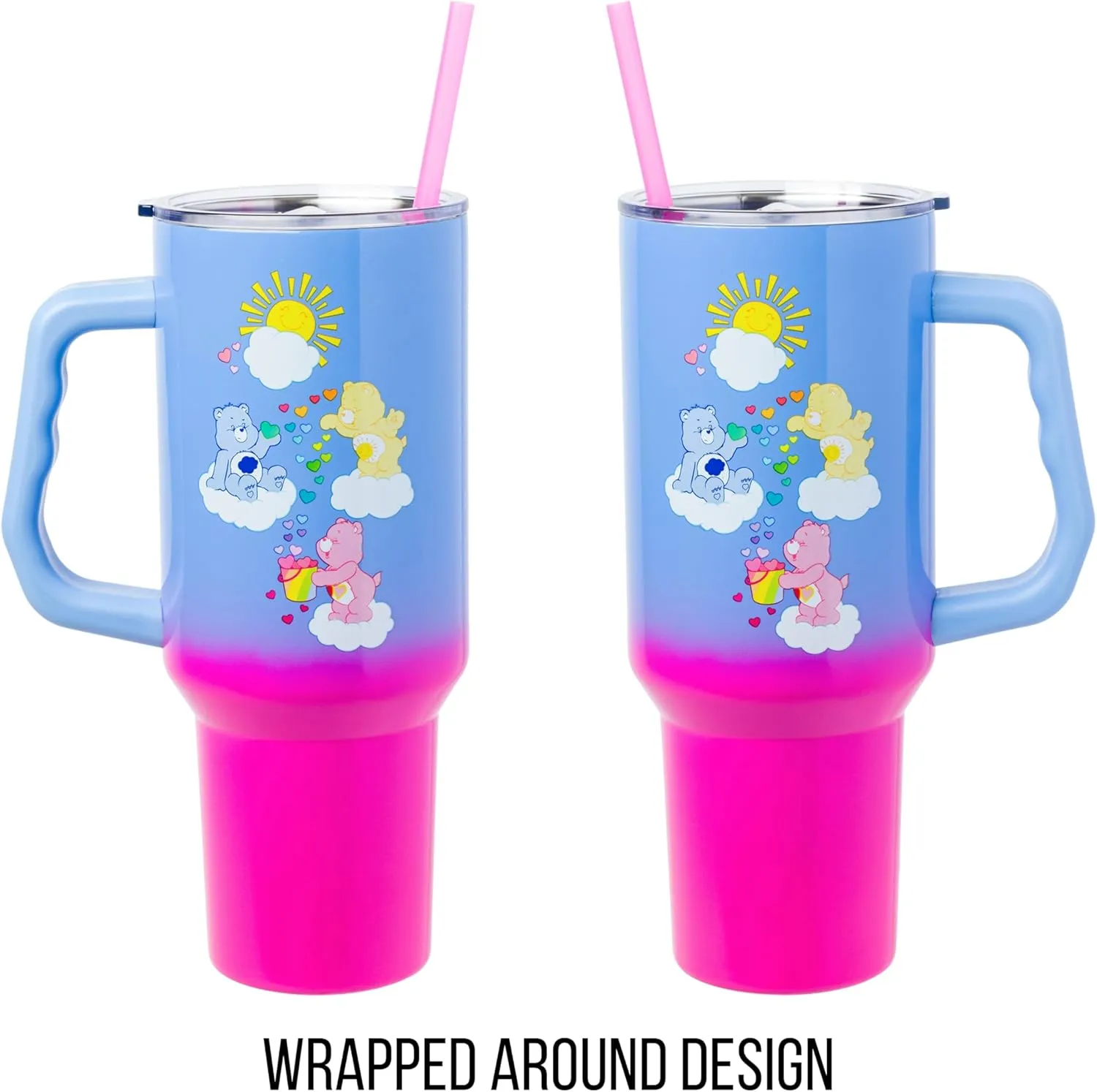 Silver Buffalo Care Bears Tumbler - Grumpy, Funshine & Love-A-Lot Bears Heart Showers Ombre Stainless Steel with Handle & Straw, 40 Ounces