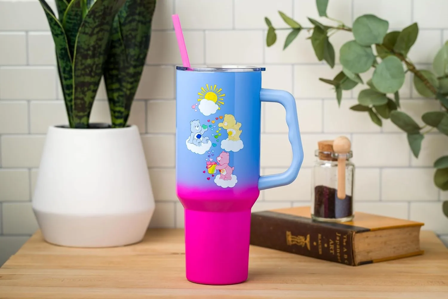 Silver Buffalo Care Bears Tumbler - Grumpy, Funshine & Love-A-Lot Bears Heart Showers Ombre Stainless Steel with Handle & Straw, 40 Ounces