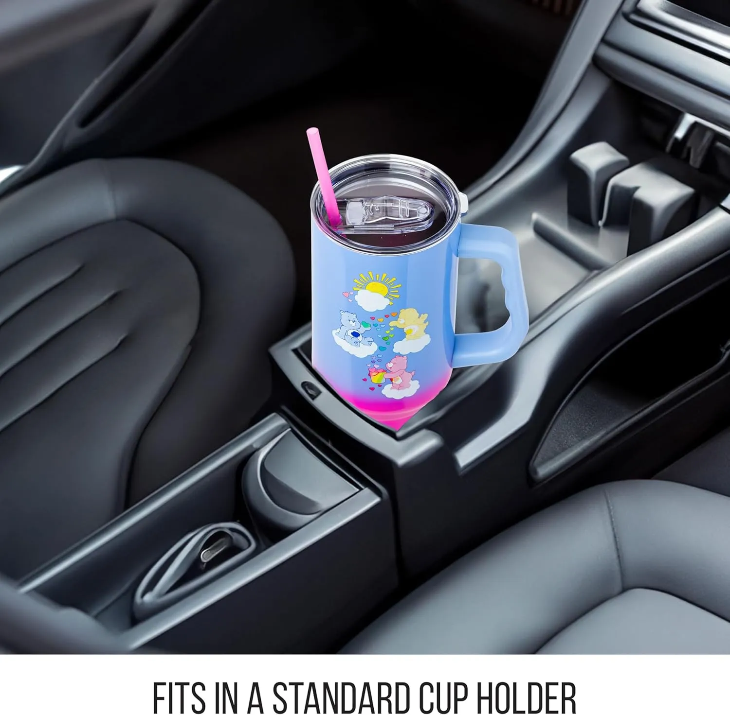 Silver Buffalo Care Bears Tumbler - Grumpy, Funshine & Love-A-Lot Bears Heart Showers Ombre Stainless Steel with Handle & Straw, 40 Ounces