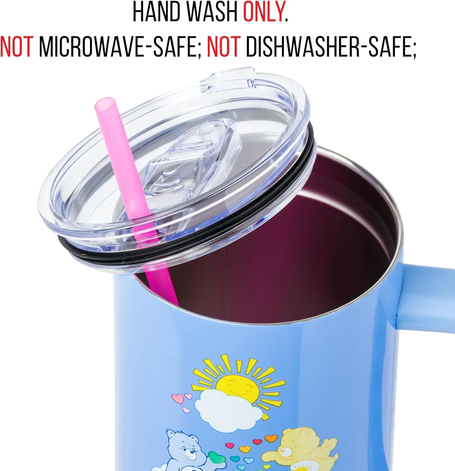 Silver Buffalo Care Bears Tumbler - Grumpy, Funshine & Love-A-Lot Bears Heart Showers Ombre Stainless Steel with Handle & Straw, 40 Ounces