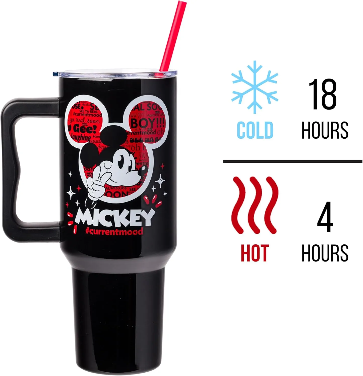 Silver Buffalo Disney Classic Mickey Mouse Hashtag Current Mood “#currentmood” Stainless Steel Tumbler with Handle and Straw, Fits in Standard Cup Holder, 40 Ounces