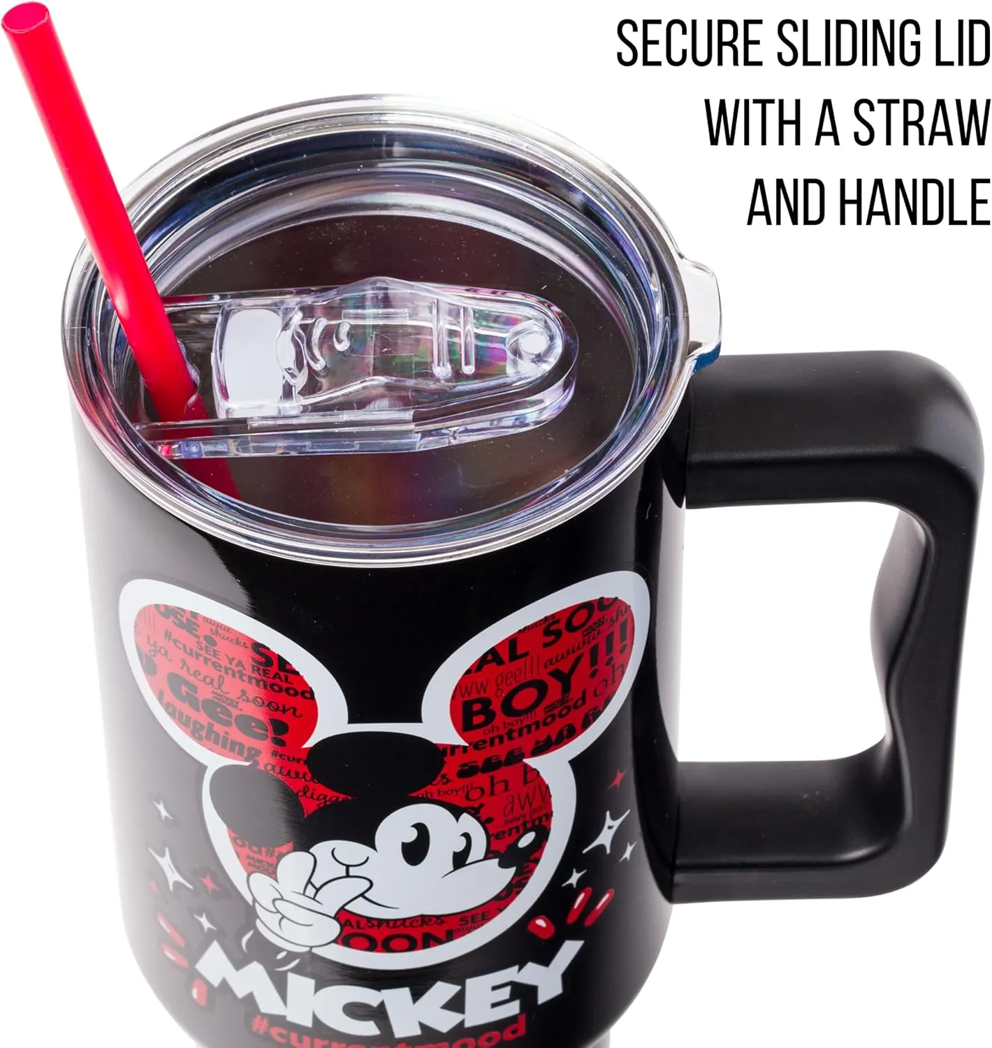 Silver Buffalo Disney Classic Mickey Mouse Hashtag Current Mood “#currentmood” Stainless Steel Tumbler with Handle and Straw, Fits in Standard Cup Holder, 40 Ounces
