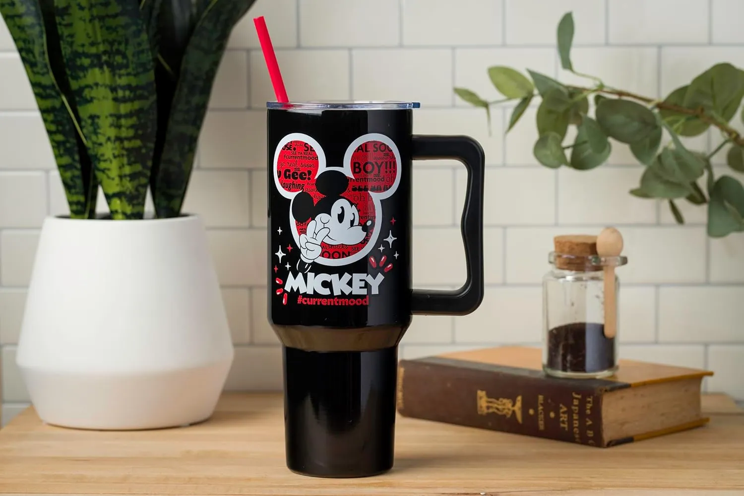 Silver Buffalo Disney Classic Mickey Mouse Hashtag Current Mood “#currentmood” Stainless Steel Tumbler with Handle and Straw, Fits in Standard Cup Holder, 40 Ounces