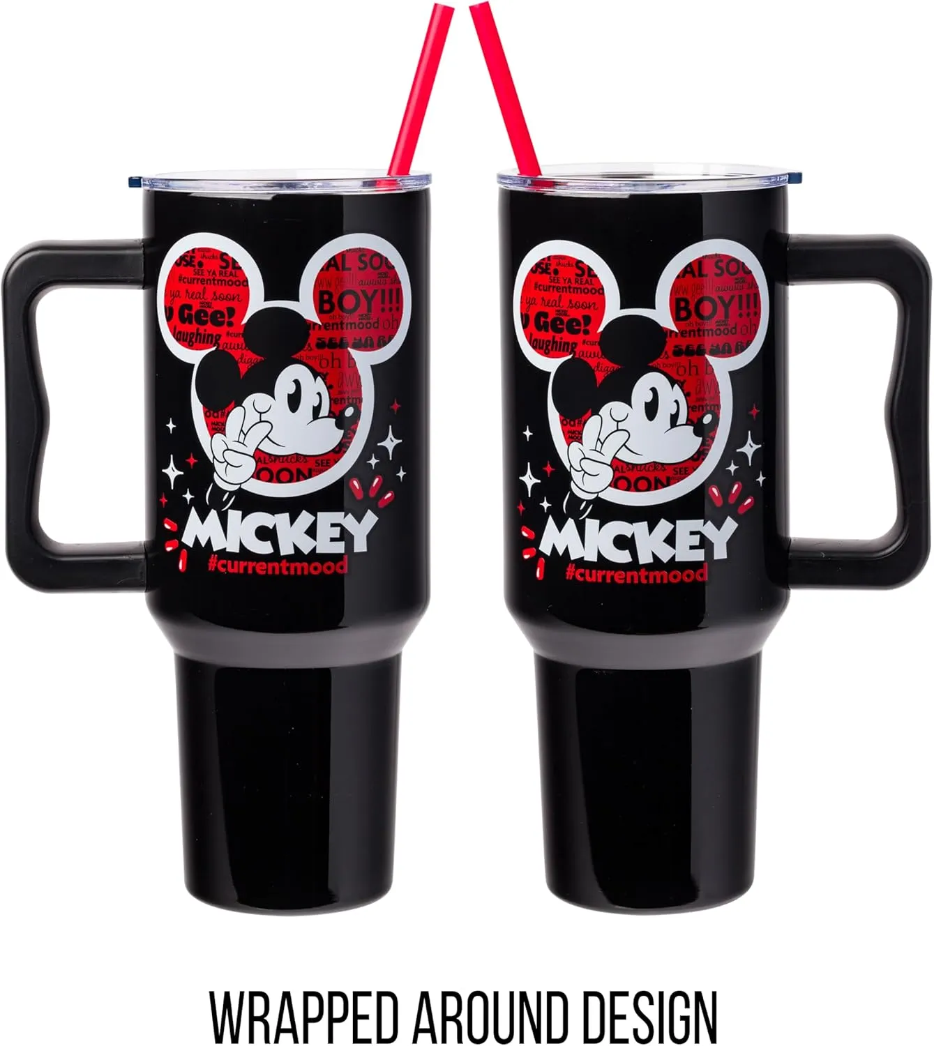 Silver Buffalo Disney Classic Mickey Mouse Hashtag Current Mood “#currentmood” Stainless Steel Tumbler with Handle and Straw, Fits in Standard Cup Holder, 40 Ounces