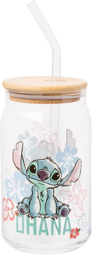 Silver Buffalo Disney Lilo and Stitch Ohana Floral Glass Jar Tumbler with Bamboo Lid and Glass Straw, 16 Ounces