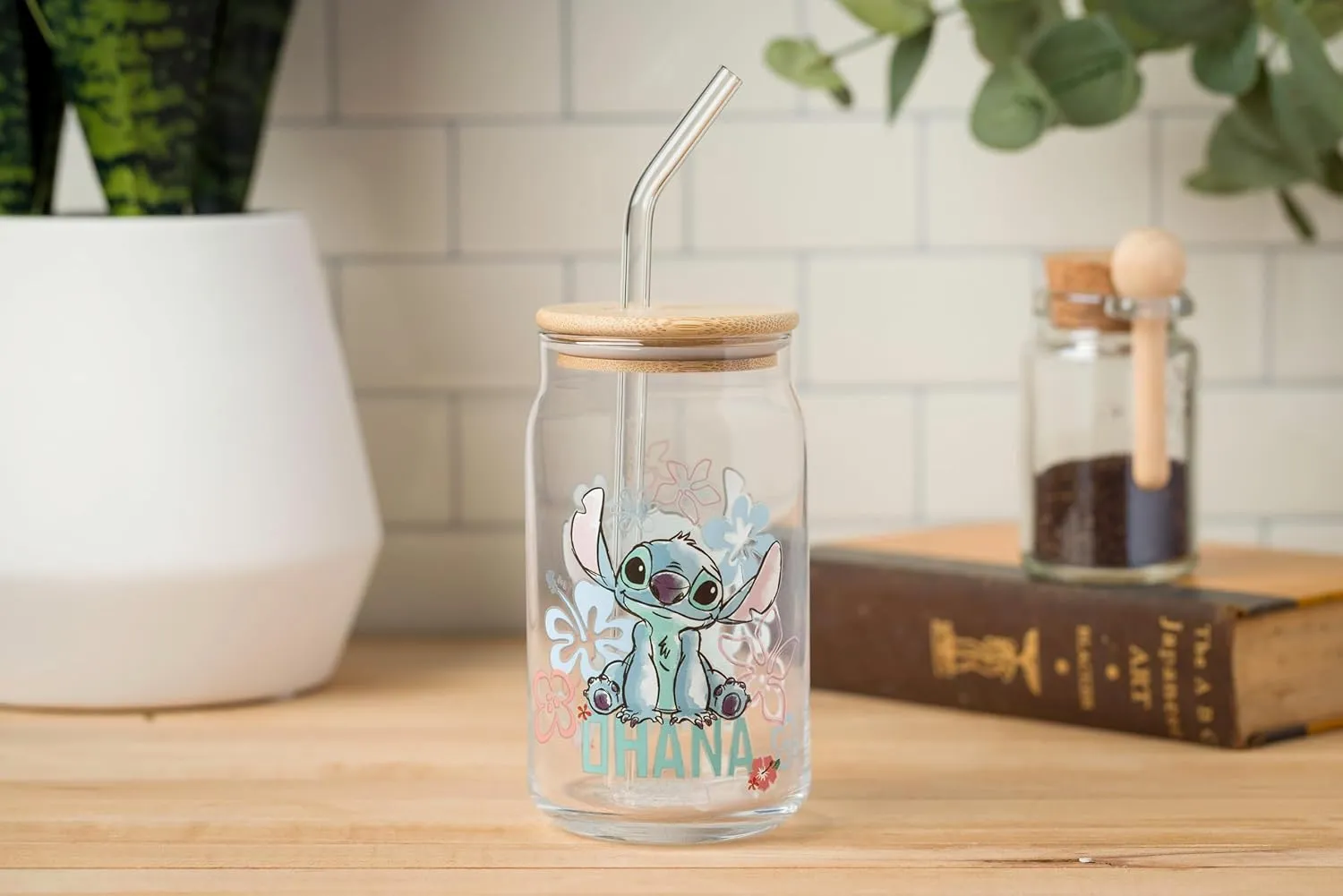 Silver Buffalo Disney Lilo and Stitch Ohana Floral Glass Jar Tumbler with Bamboo Lid and Glass Straw, 16 Ounces