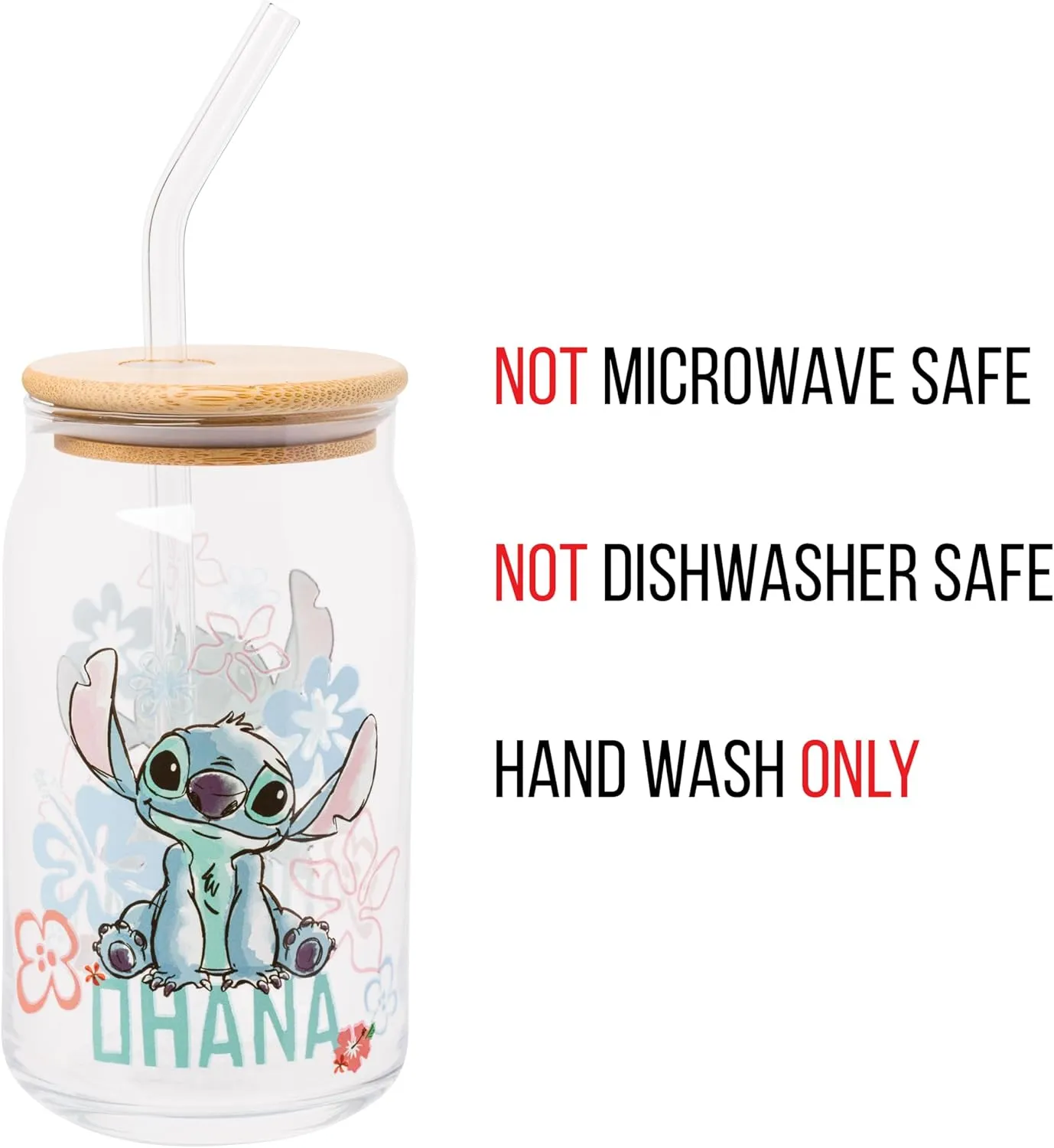 Silver Buffalo Disney Lilo and Stitch Ohana Floral Glass Jar Tumbler with Bamboo Lid and Glass Straw, 16 Ounces