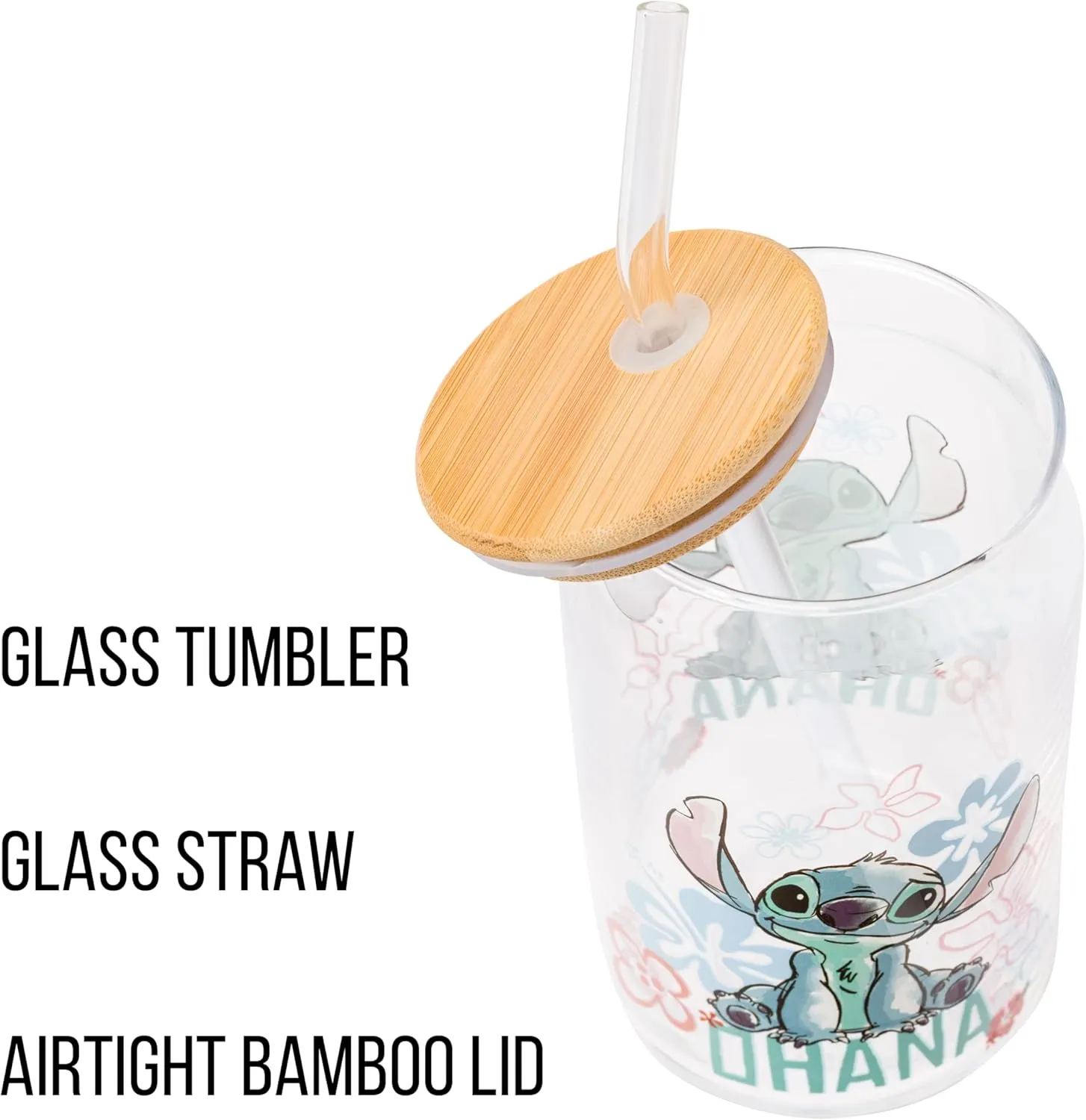 Silver Buffalo Disney Lilo and Stitch Ohana Floral Glass Jar Tumbler with Bamboo Lid and Glass Straw, 16 Ounces