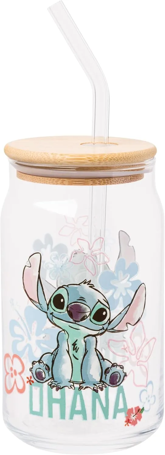 Silver Buffalo Disney Lilo and Stitch Ohana Floral Glass Jar Tumbler with Bamboo Lid and Glass Straw, 16 Ounces