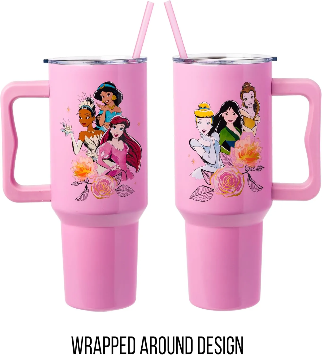 Silver Buffalo Disney Princess Featuring Cinderella, Mulan, Belle, Ariel, Tiana, and Jasmine Stainless Steel Tumbler with Handle and Straw, Fits in Standard Cup Holder, 40 Ounces