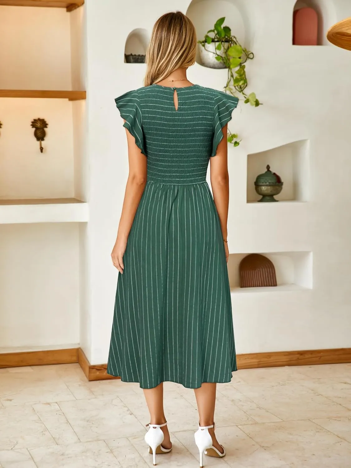 Simplee Womens Striped Midi Summer Dress Smocked Flutter Short Sleeve Dress 2025 Flowy Casual Dress with Pockets