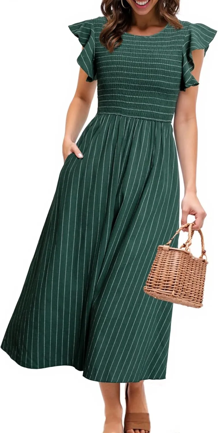 Simplee Womens Striped Midi Summer Dress Smocked Flutter Short Sleeve Dress 2025 Flowy Casual Dress with Pockets