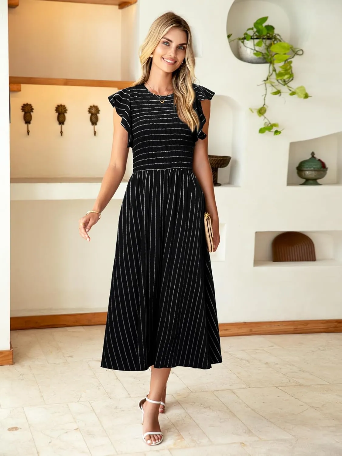 Simplee Womens Striped Midi Summer Dress Smocked Flutter Short Sleeve Dress 2025 Flowy Casual Dress with Pockets