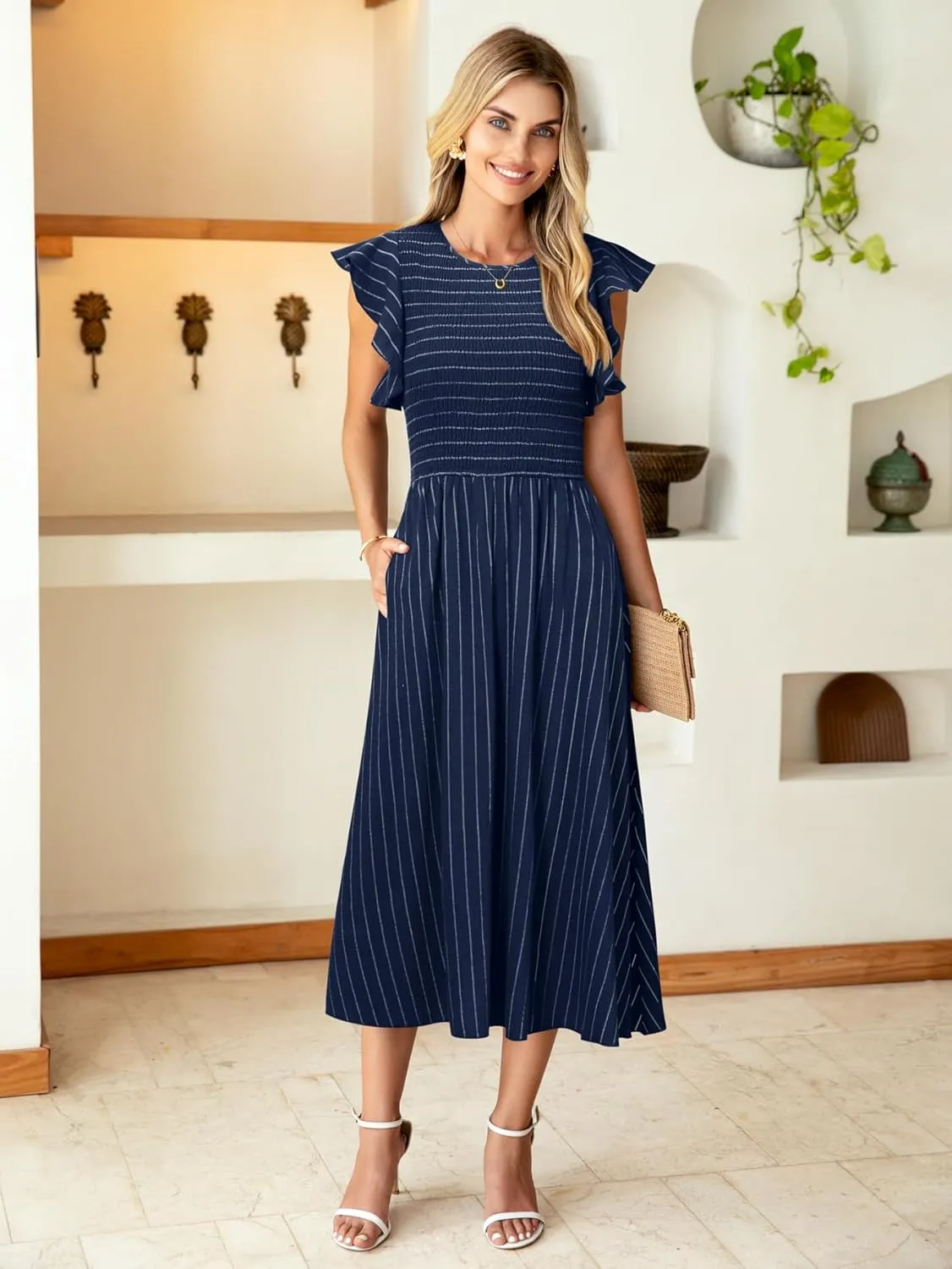 Simplee Womens Striped Midi Summer Dress Smocked Flutter Short Sleeve Dress 2025 Flowy Casual Dress with Pockets