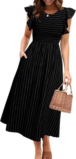 Simplee Womens Striped Midi Summer Dress Smocked Flutter Short Sleeve Dress 2025 Flowy Casual Dress with Pockets