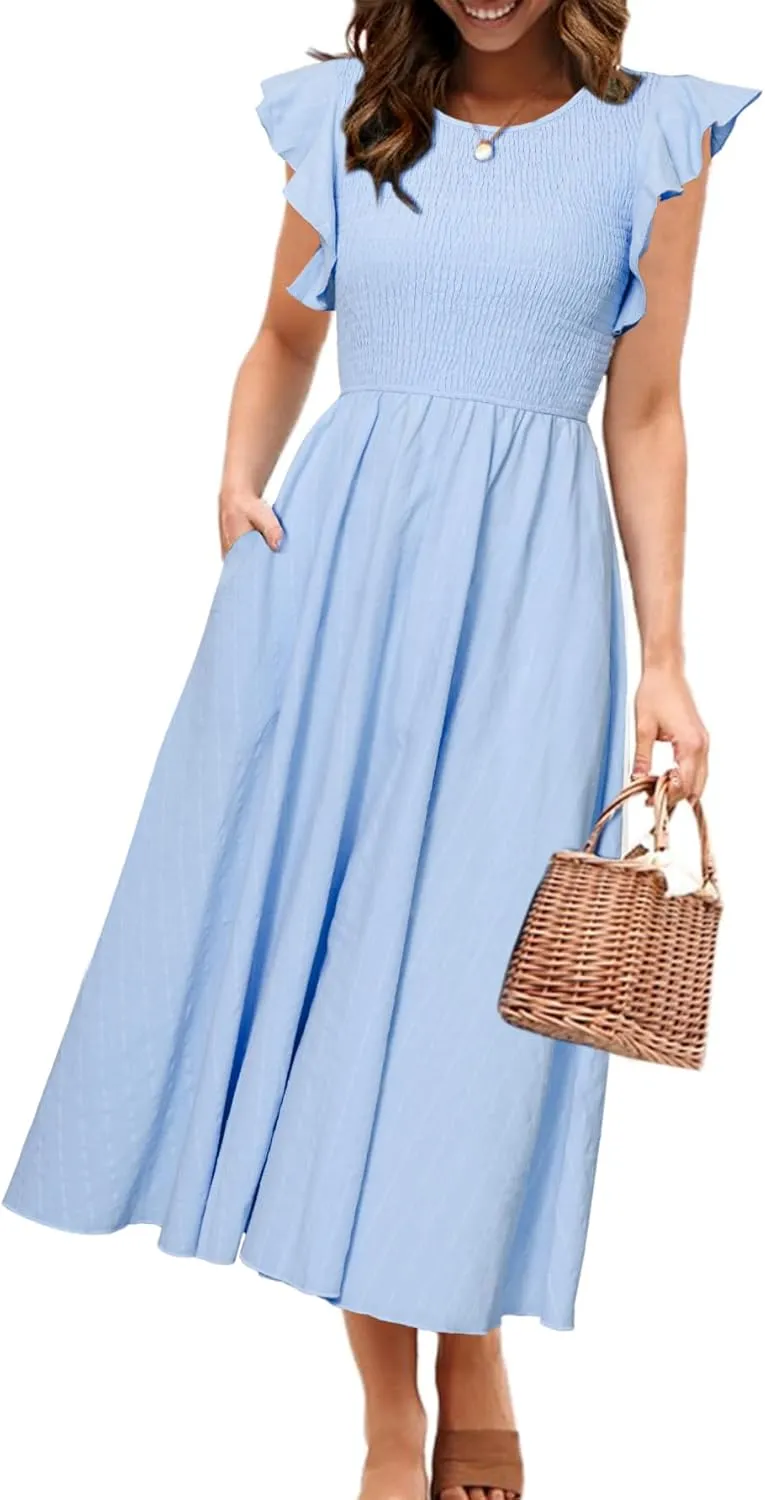 Simplee Womens Striped Midi Summer Dress Smocked Flutter Short Sleeve Dress 2025 Flowy Casual Dress with Pockets