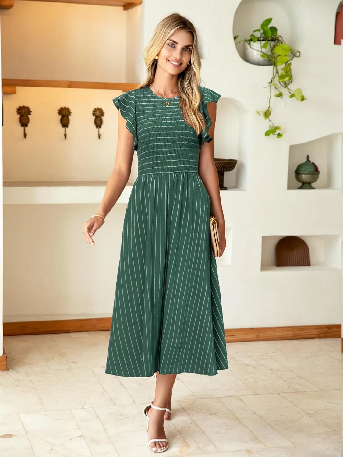 Simplee Womens Striped Midi Summer Dress Smocked Flutter Short Sleeve Dress 2025 Flowy Casual Dress with Pockets
