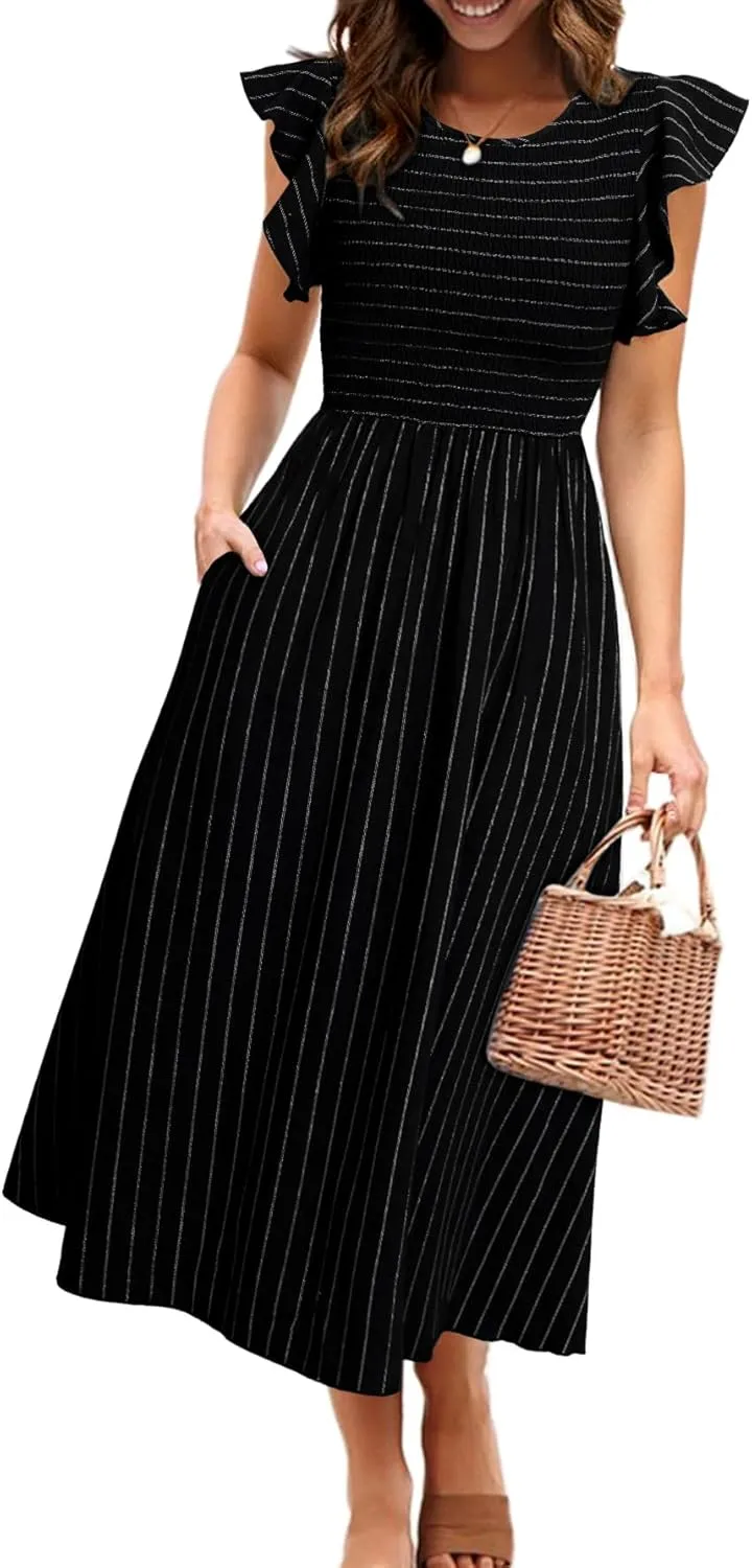 Simplee Womens Striped Midi Summer Dress Smocked Flutter Short Sleeve Dress 2025 Flowy Casual Dress with Pockets