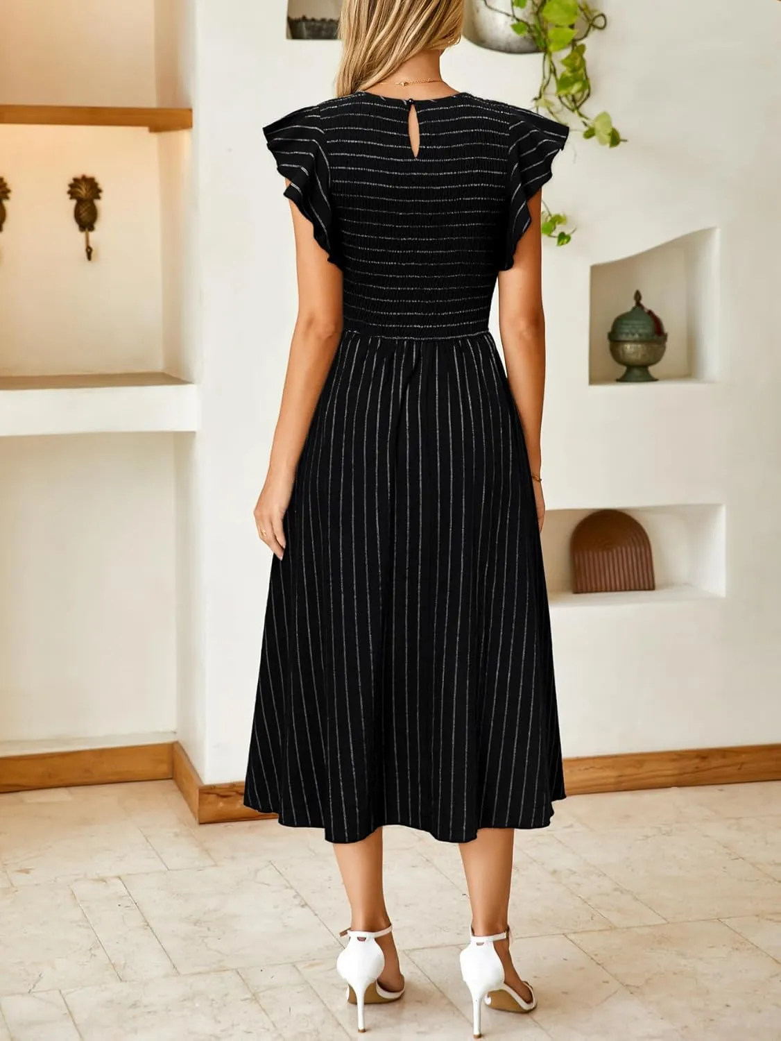 Simplee Womens Striped Midi Summer Dress Smocked Flutter Short Sleeve Dress 2025 Flowy Casual Dress with Pockets