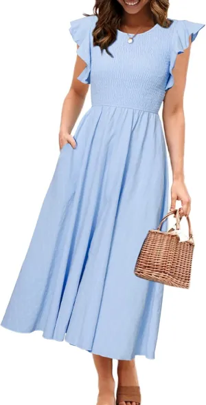 Simplee Womens Striped Midi Summer Dress Smocked Flutter Short Sleeve Dress 2025 Flowy Casual Dress with Pockets