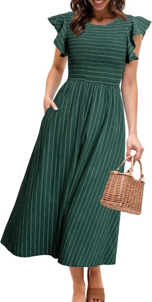 Simplee Womens Striped Midi Summer Dress Smocked Flutter Short Sleeve Dress 2025 Flowy Casual Dress with Pockets