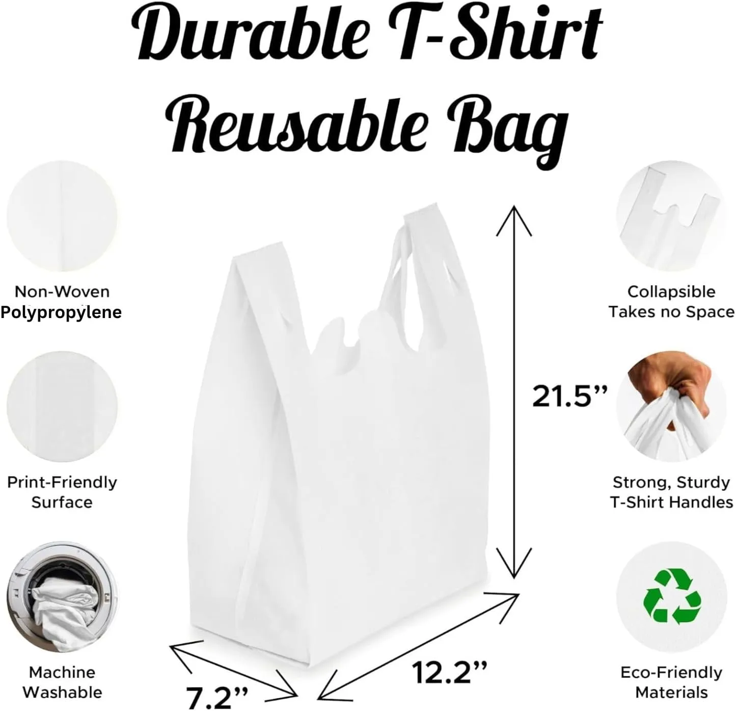 Simply Cool 50 Pack Reusable Eco-Friendly Grocery T-Shirt Shopping Bags 21.5"x12.2"x7.2" Durable, Recyclable Washable Foldable Portable Shopping Tote Bags Bulk