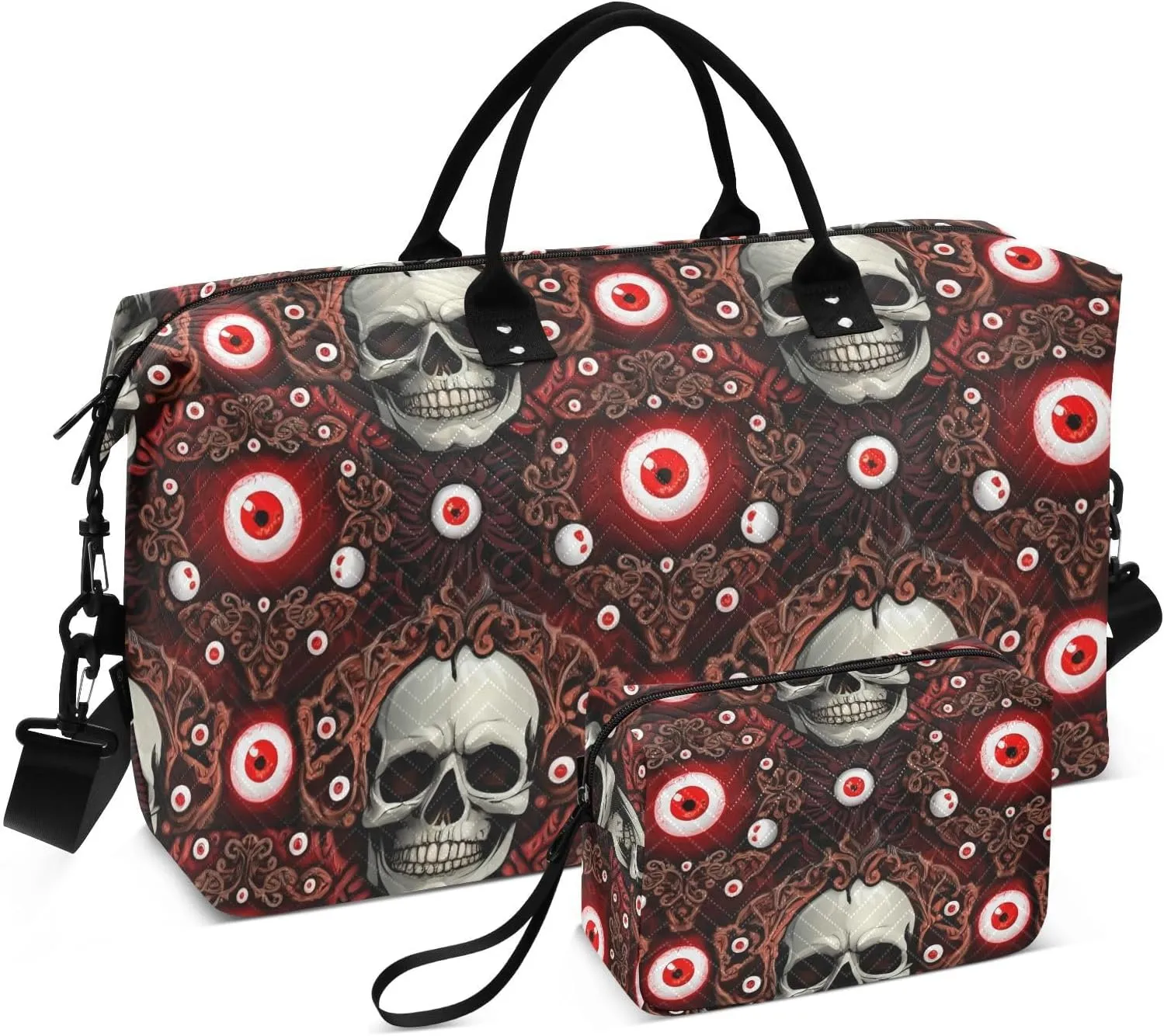 Skull Eyeball Ornament Maroon Sports Gym Bag for Women Men Travel Duffel Bag Weekend Overnight Carry on Bag with Toiletry Bag Training Handbag for Workout Swimming Yoga Plane Hospital