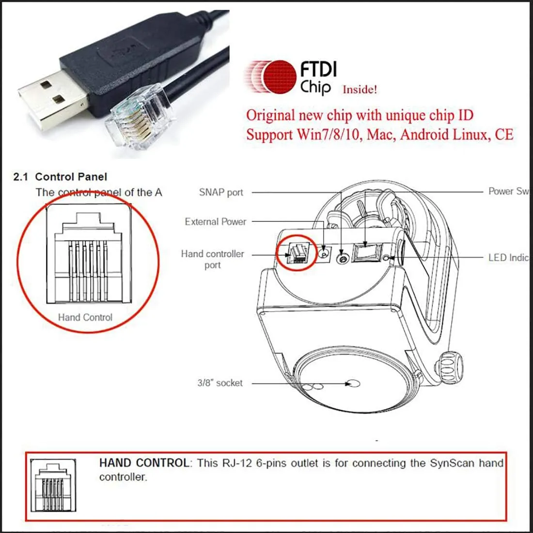 Skywatcher Telescope AZ-GTI Mount PC Connect EQMOD Cable for Replacing The Hand Control Cable (16feet/500cm)