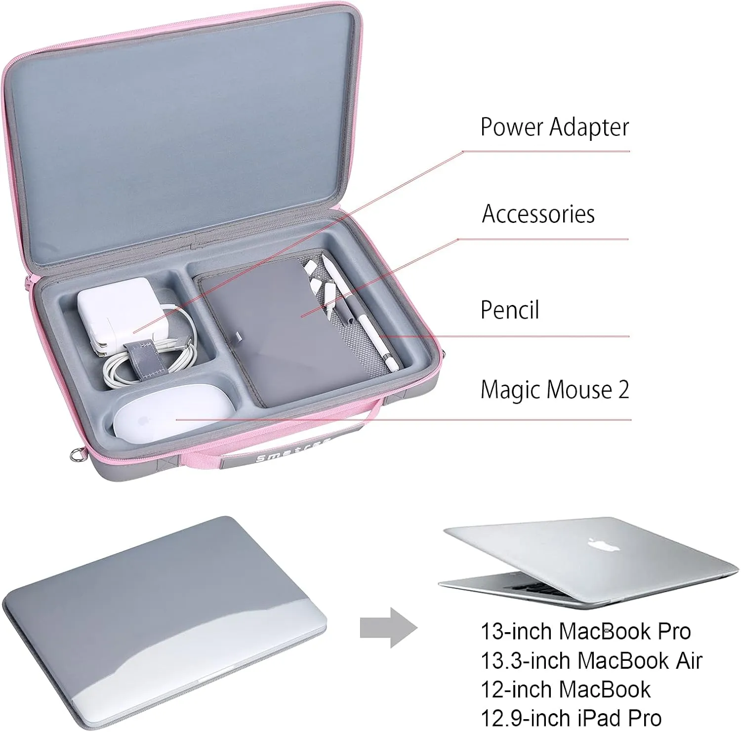 Smatree Hard Shell Carrying Case Compatible for 13inch MacBook Air M4 2025/2024/2022 A3313/A2681, 13inch iPad Air M3 2025,iPad Pro M4 2024, MacBook Pro 2024/2023 A2918/A2992/A2779 14inch, Pink