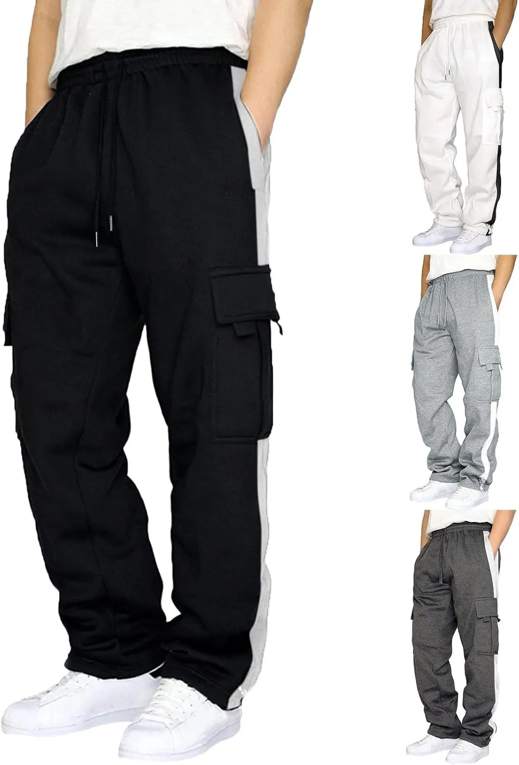 SMIDOW Mens Casual Loose Fit Cargo Pants High Waist Drawstring Running Pant Joggers Color Block Workout Athletic Sweatpants