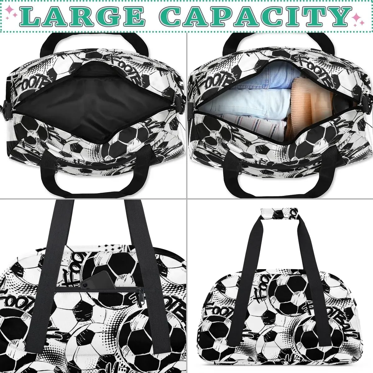 Soccer Balls Kids Overnighter Duffel Bags for Boys Girls, Carry-On Size Sports Gym Bag with Front Zipper Pocket for School Practice or Overnight Travel Weekender Sleepover Tote Bag