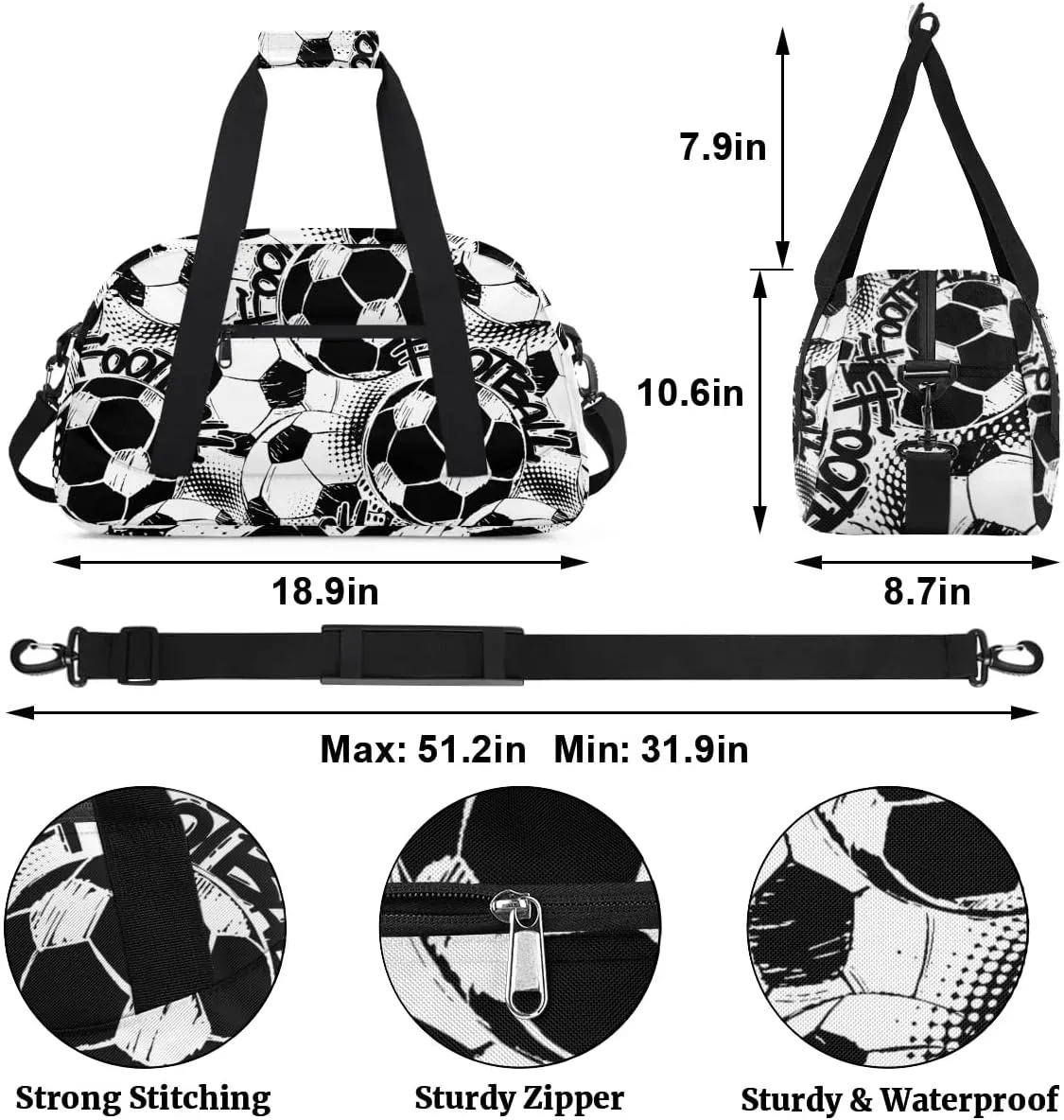 Soccer Balls Kids Overnighter Duffel Bags for Boys Girls, Carry-On Size Sports Gym Bag with Front Zipper Pocket for School Practice or Overnight Travel Weekender Sleepover Tote Bag
