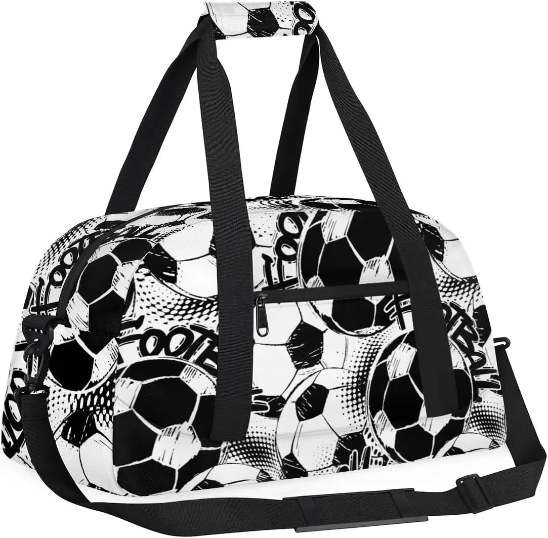 Soccer Balls Kids Overnighter Duffel Bags for Boys Girls, Carry-On Size Sports Gym Bag with Front Zipper Pocket for School Practice or Overnight Travel Weekender Sleepover Tote Bag