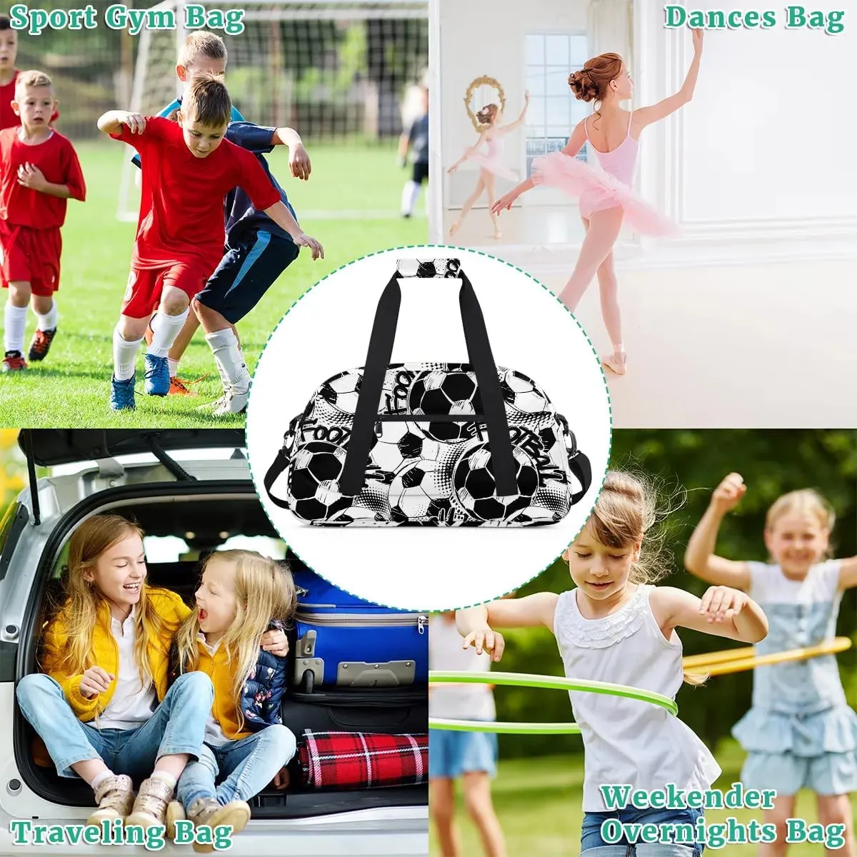 Soccer Balls Kids Overnighter Duffel Bags for Boys Girls, Carry-On Size Sports Gym Bag with Front Zipper Pocket for School Practice or Overnight Travel Weekender Sleepover Tote Bag