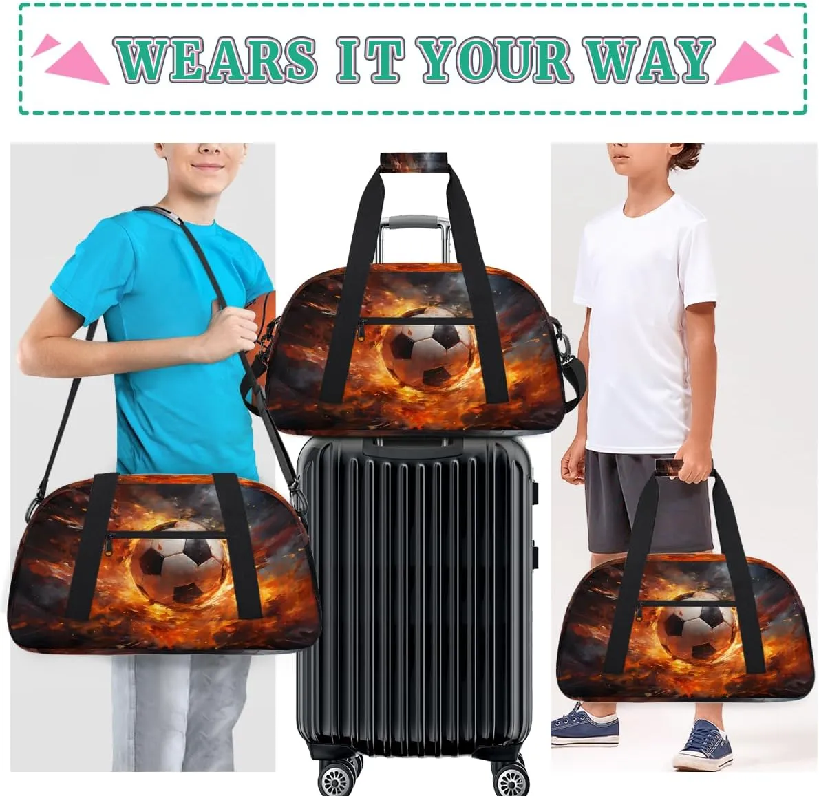 Soccer Fire Lightning Kids Overnighter Duffel Bags for Boys, Carry-On Size Sports Gym Bag with Front Zipper Pocket for School Practice or Overnight Travel Weekender Sleepover Tote Bag