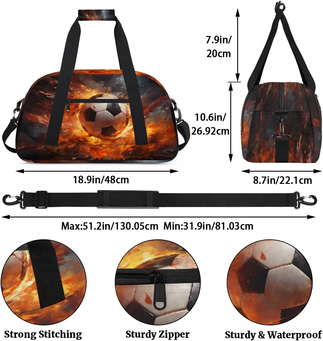 Soccer Fire Lightning Kids Overnighter Duffel Bags for Boys, Carry-On Size Sports Gym Bag with Front Zipper Pocket for School Practice or Overnight Travel Weekender Sleepover Tote Bag