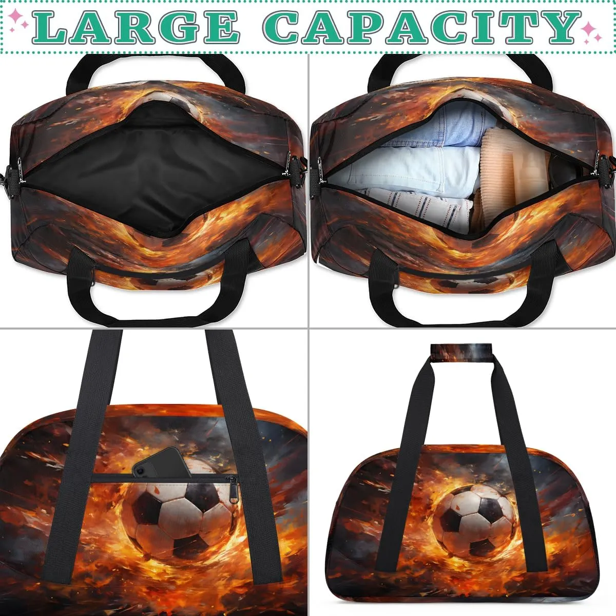Soccer Fire Lightning Kids Overnighter Duffel Bags for Boys, Carry-On Size Sports Gym Bag with Front Zipper Pocket for School Practice or Overnight Travel Weekender Sleepover Tote Bag