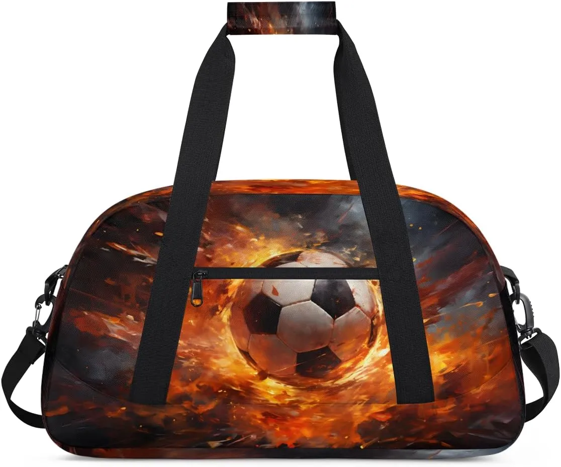 Soccer Fire Lightning Kids Overnighter Duffel Bags for Boys, Carry-On Size Sports Gym Bag with Front Zipper Pocket for School Practice or Overnight Travel Weekender Sleepover Tote Bag